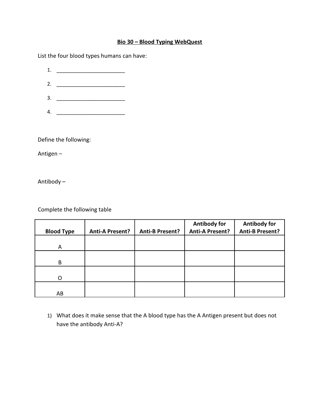 Bio 30 Blood Typing Webquest