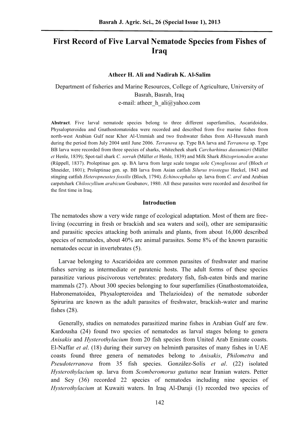 First Record of Five Larval Nematode Species from Fishes of Iraq