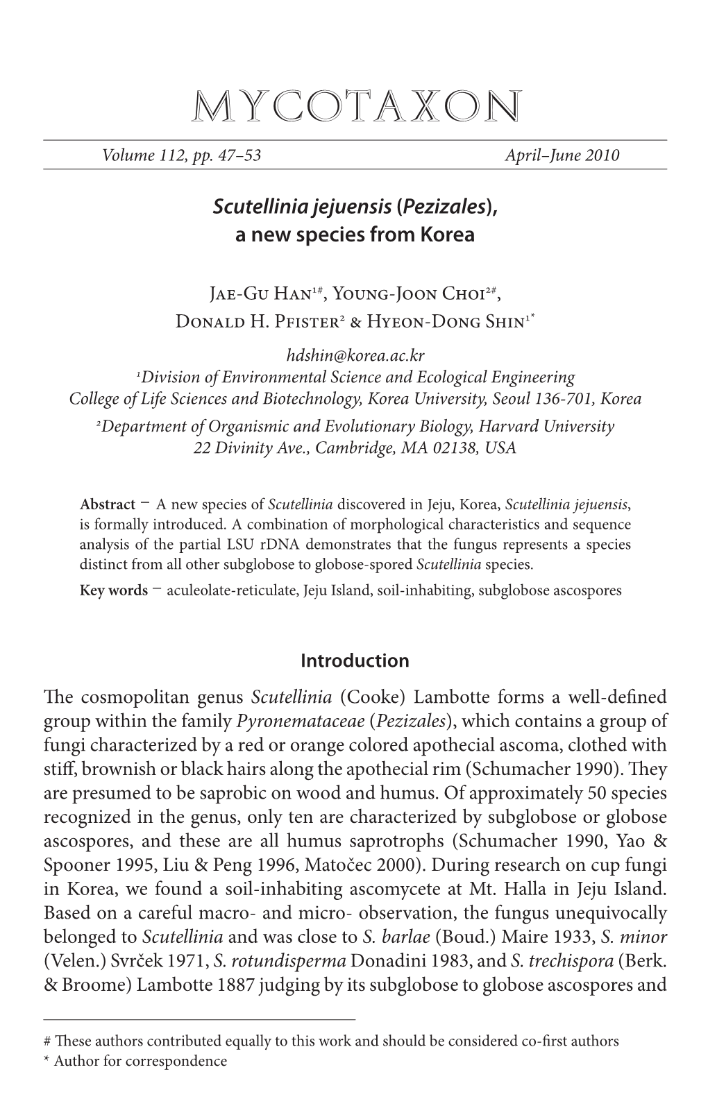 &lt;I&gt;Scutellinia Jejuensis&lt;/I&gt; (&lt;I&gt;Pezizales&lt;/I&gt;), a New Species from Korea