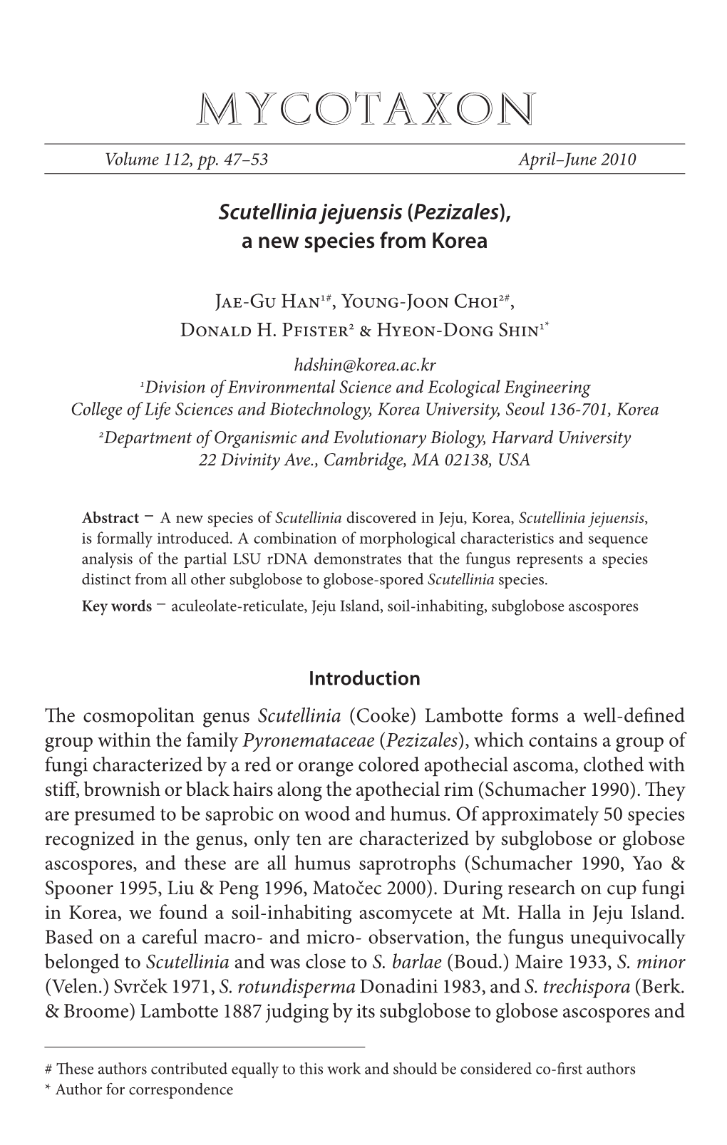 <I>Scutellinia Jejuensis</I> (<I>Pezizales</I>), a New Species from Korea