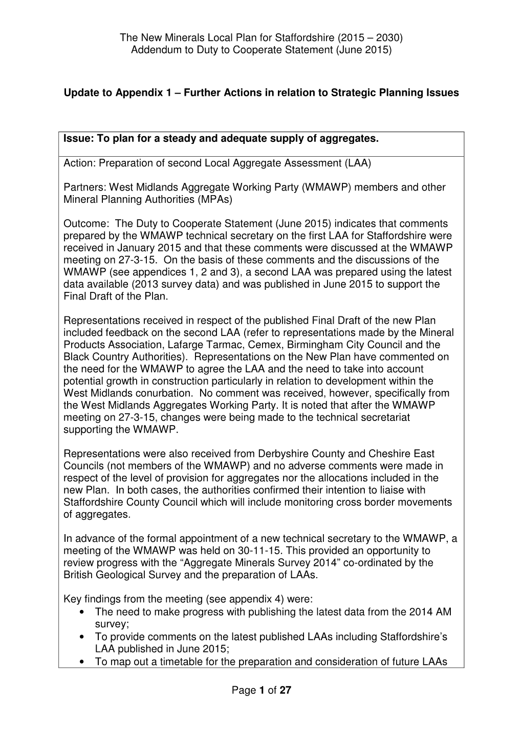 The New Minerals Local Plan for Staffordshire (2015 – 2030) Addendum to Duty to Cooperate Statement (June 2015)