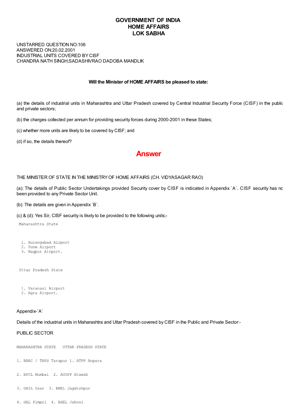 Answered On:20.02.2001 Industrial Units Covered by Cisf Chandra Nath Singh;Sadashivrao Dadoba Mandlik