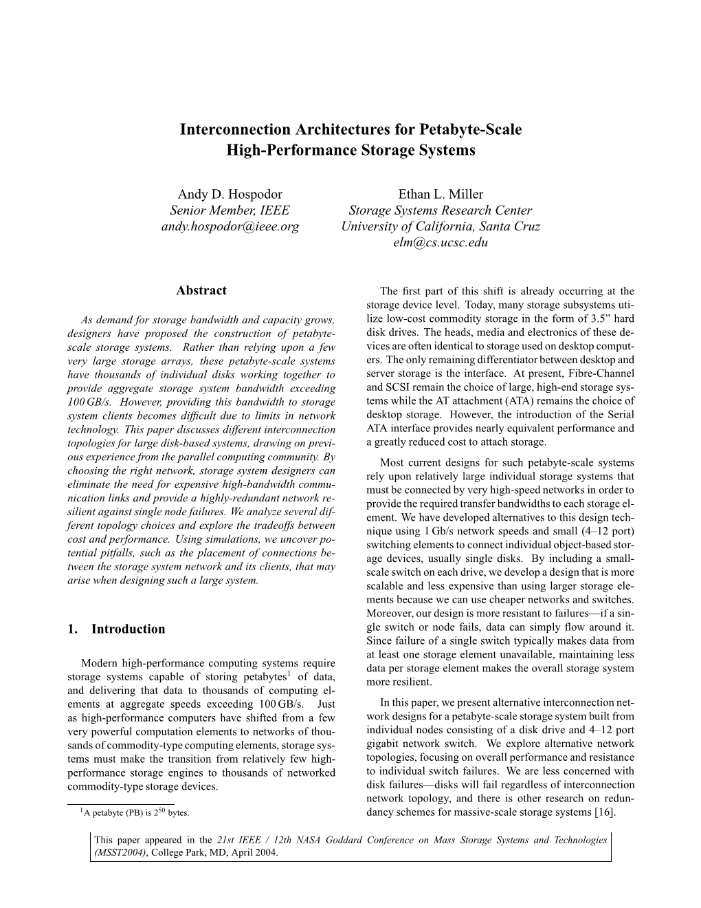 Interconnection Architectures for Petabyte-Scale High-Performance Storage Systems