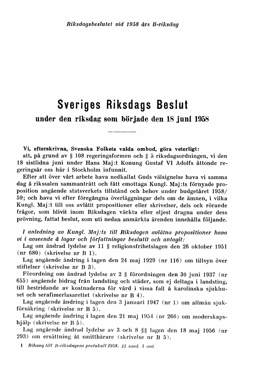 Riksdagsbeslutet Vid 1958 Års B-Riksdag