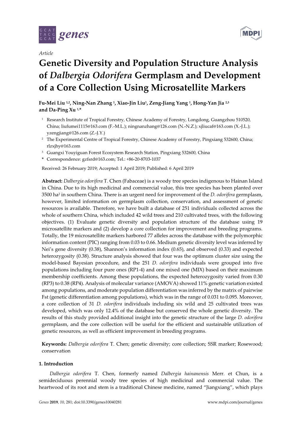 Genetic Diversity and Population Structure Analysis of Dalbergia Odorifera Germplasm and Development of a Core Collection Using Microsatellite Markers