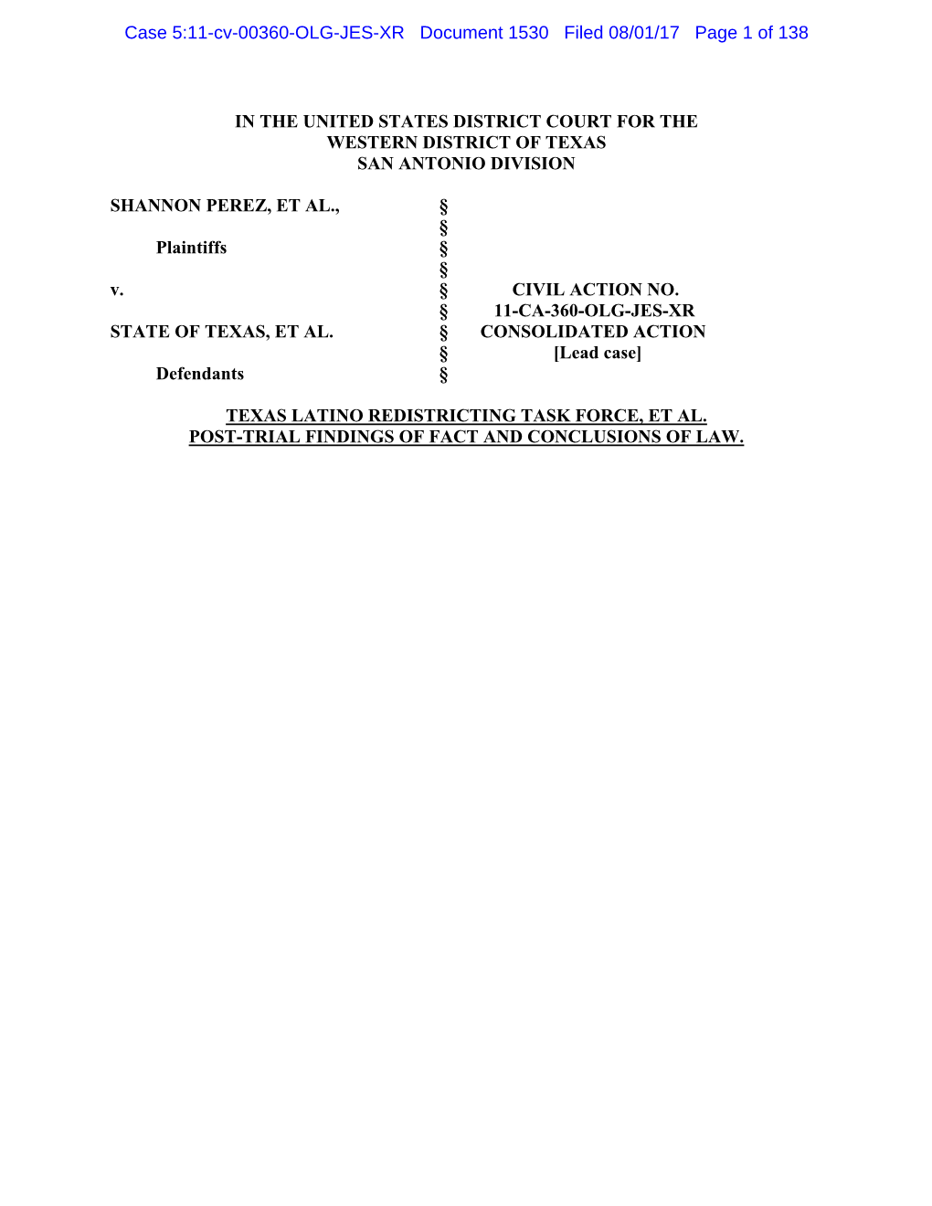 Texas Latino Redistricting Task Force, Et Al. Post-Trial Findings of Fact and Conclusions of Law