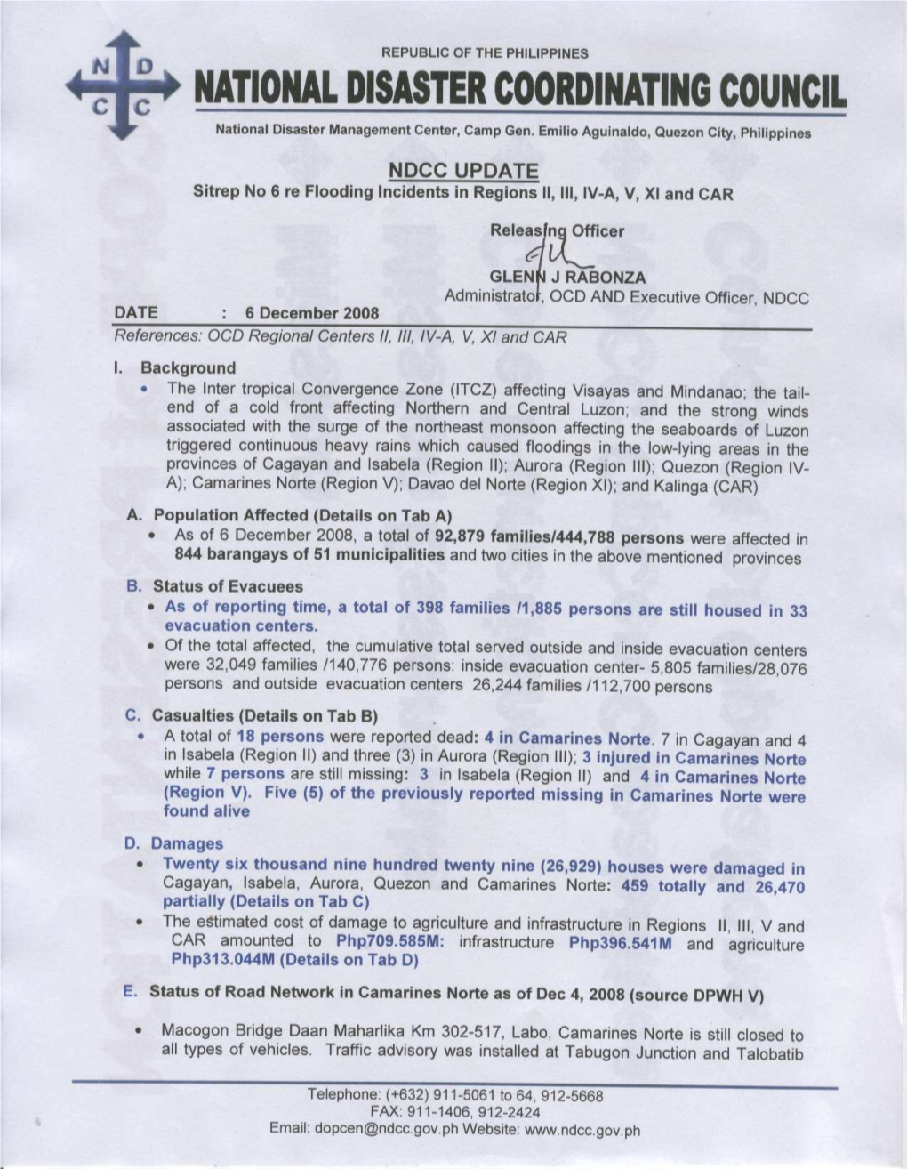 NDCC Update Sitrep 6 Effectsmonsoon Rains 6 Dec 08.Mdi