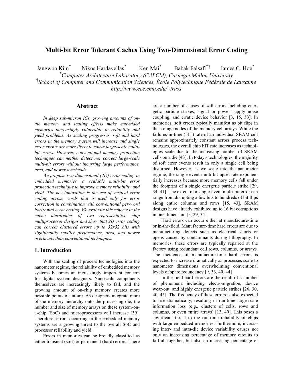 Multi-Bit Error Tolerant Caches Using Two-Dimensional Error Coding