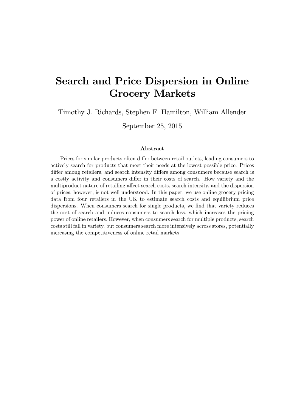 Search and Price Dispersion in Online Grocery Markets