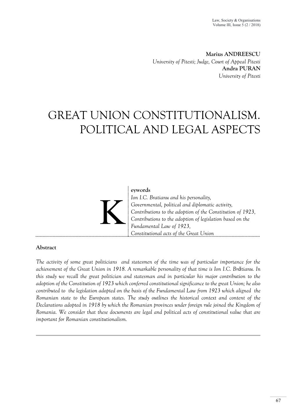 Great Union Constitutionalism. Political and Legal Aspects