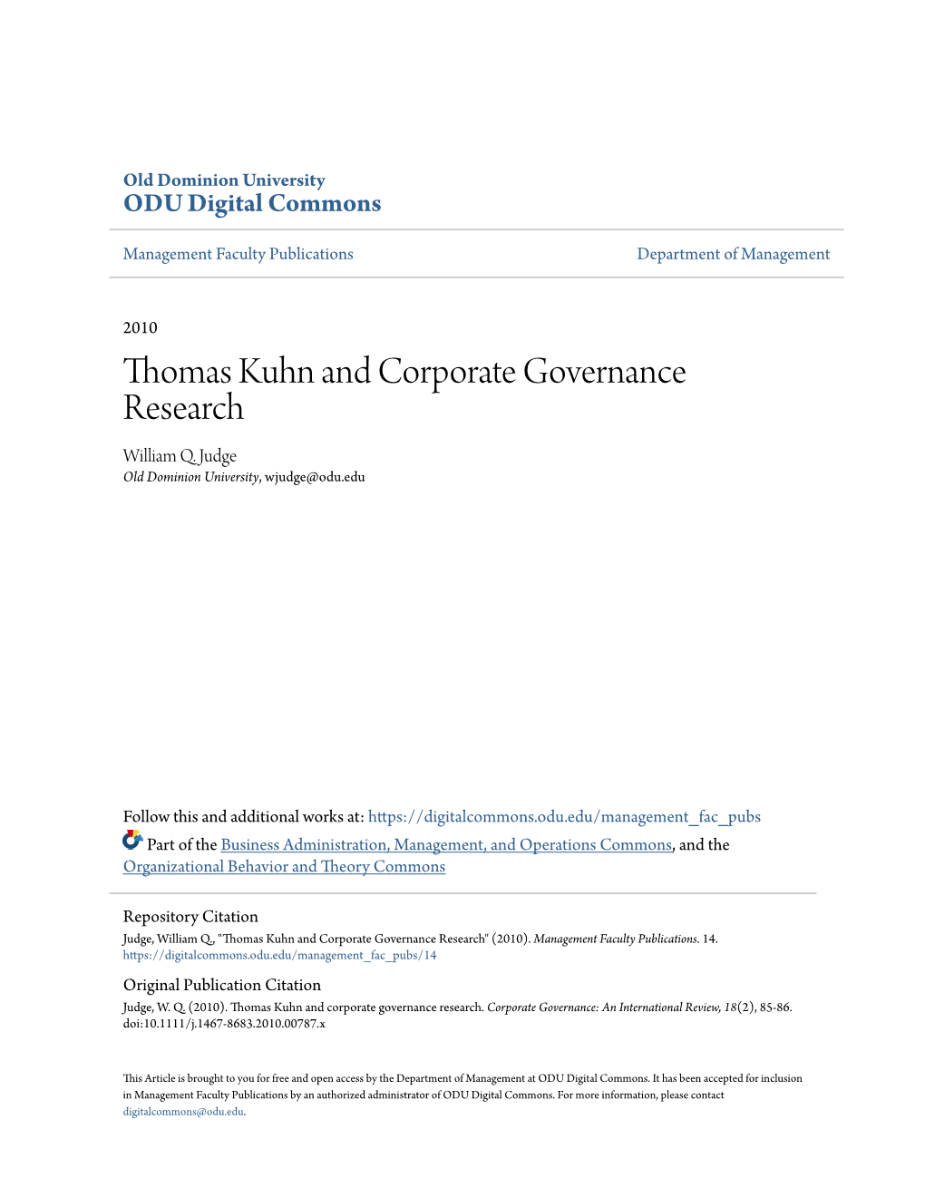 Thomas Kuhn and Corporate Governance Research William Q