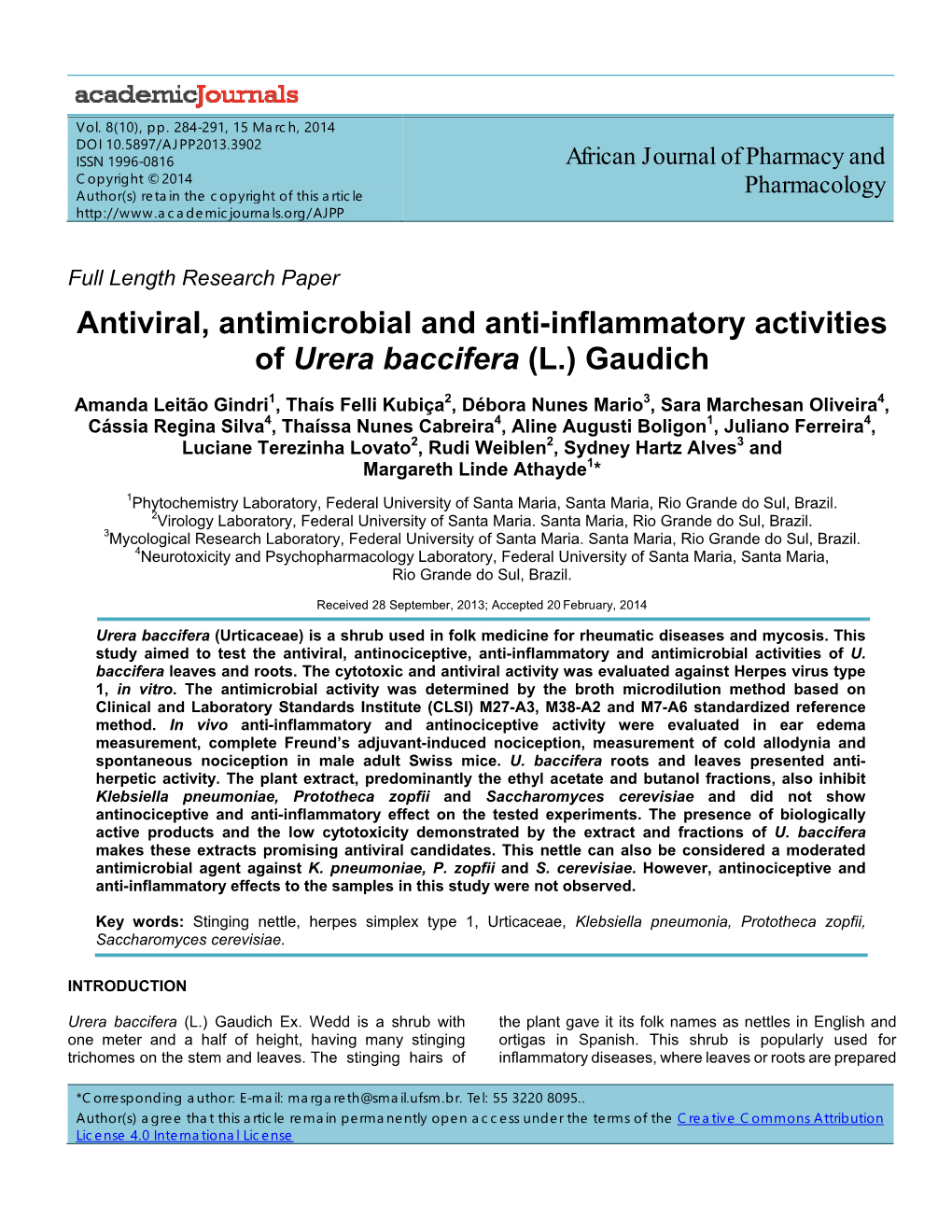 Antiviral, Antimicrobial and Anti-Inflammatory Activities of Urera Baccifera (L.) Gaudich