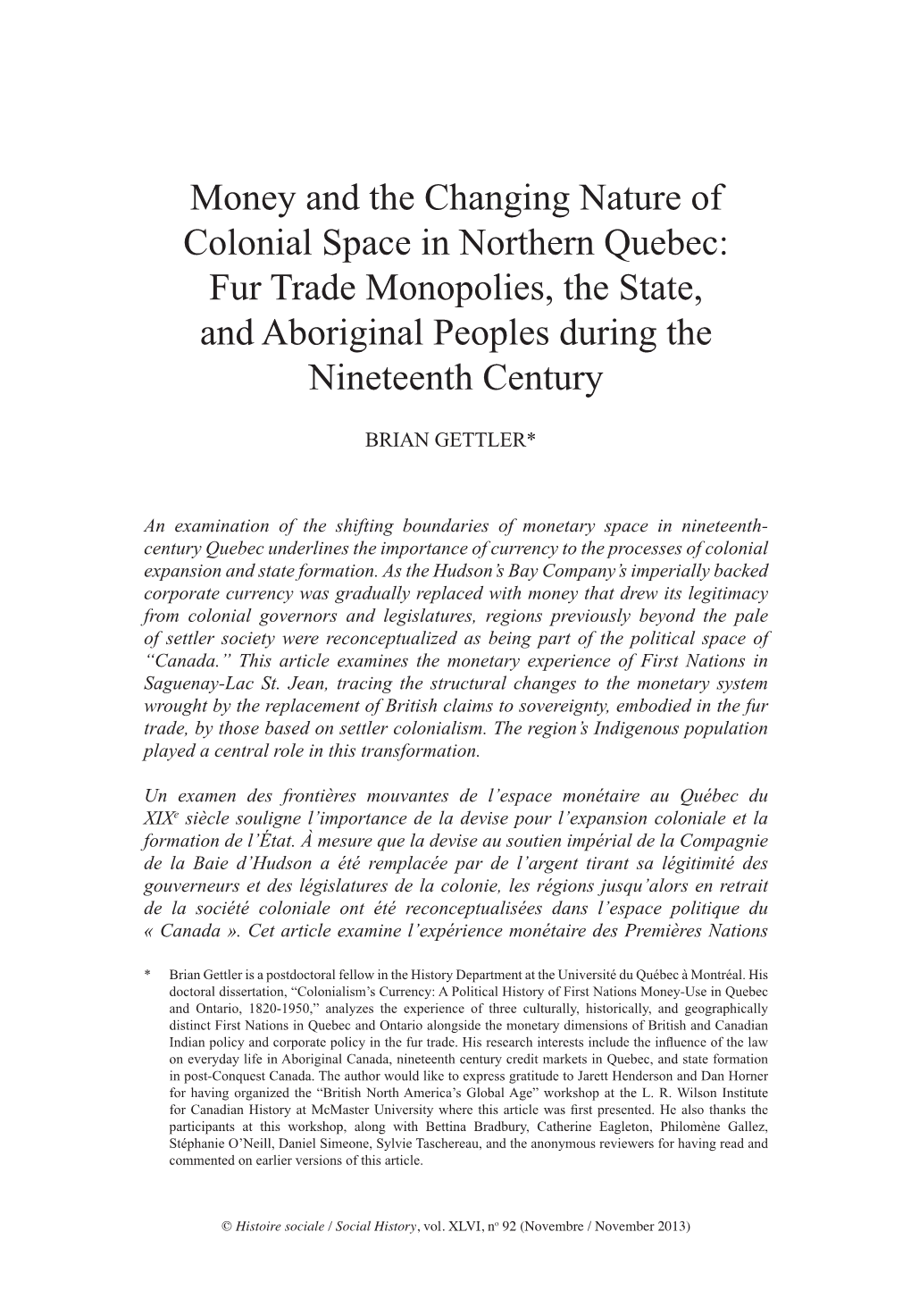 Fur Trade Monopolies, the State, and Aboriginal Peoples During the Nineteenth Century