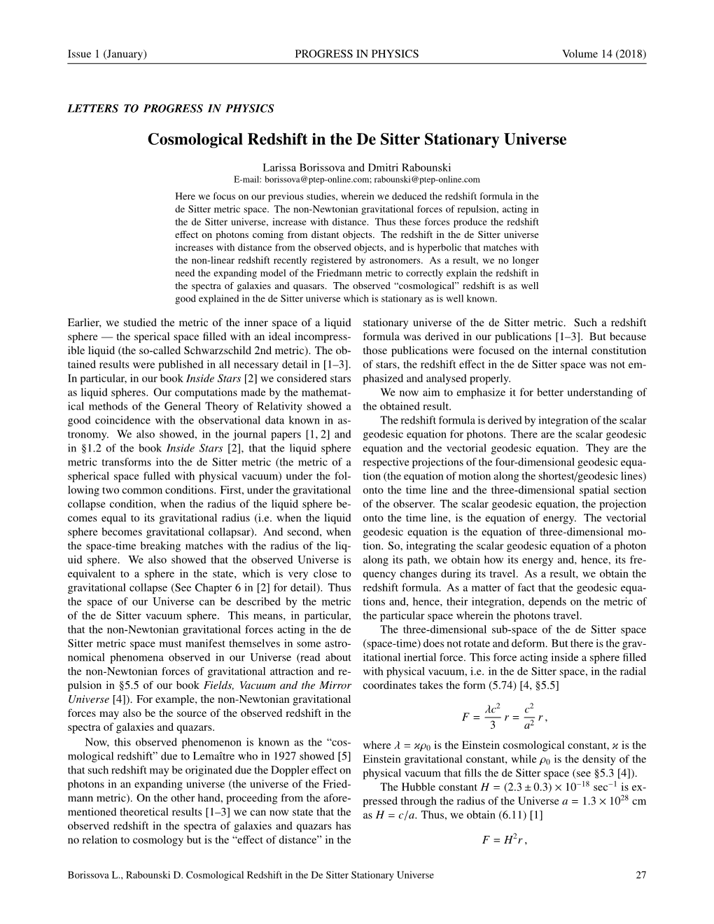 Cosmological Redshift in the De Sitter Stationary Universe