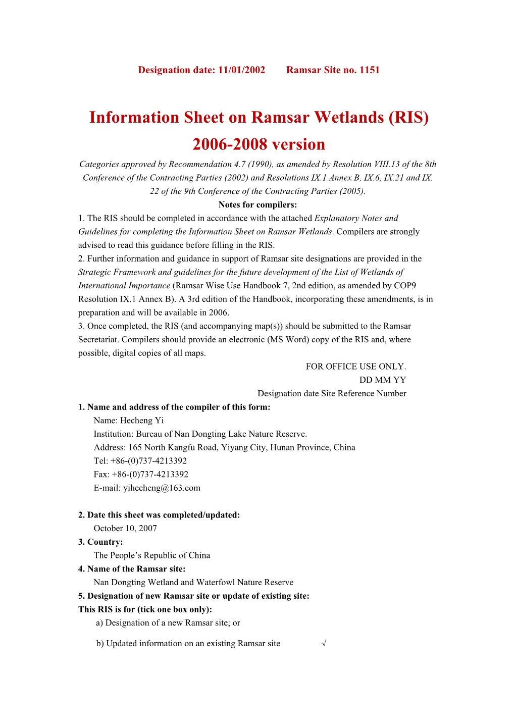 Information Sheet on Ramsar Wetlands (RIS) 2006-2008 Version