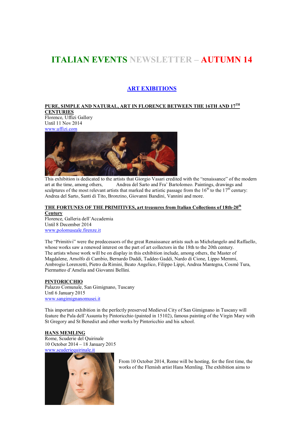 Italian Events Newsletter – Autumn 14