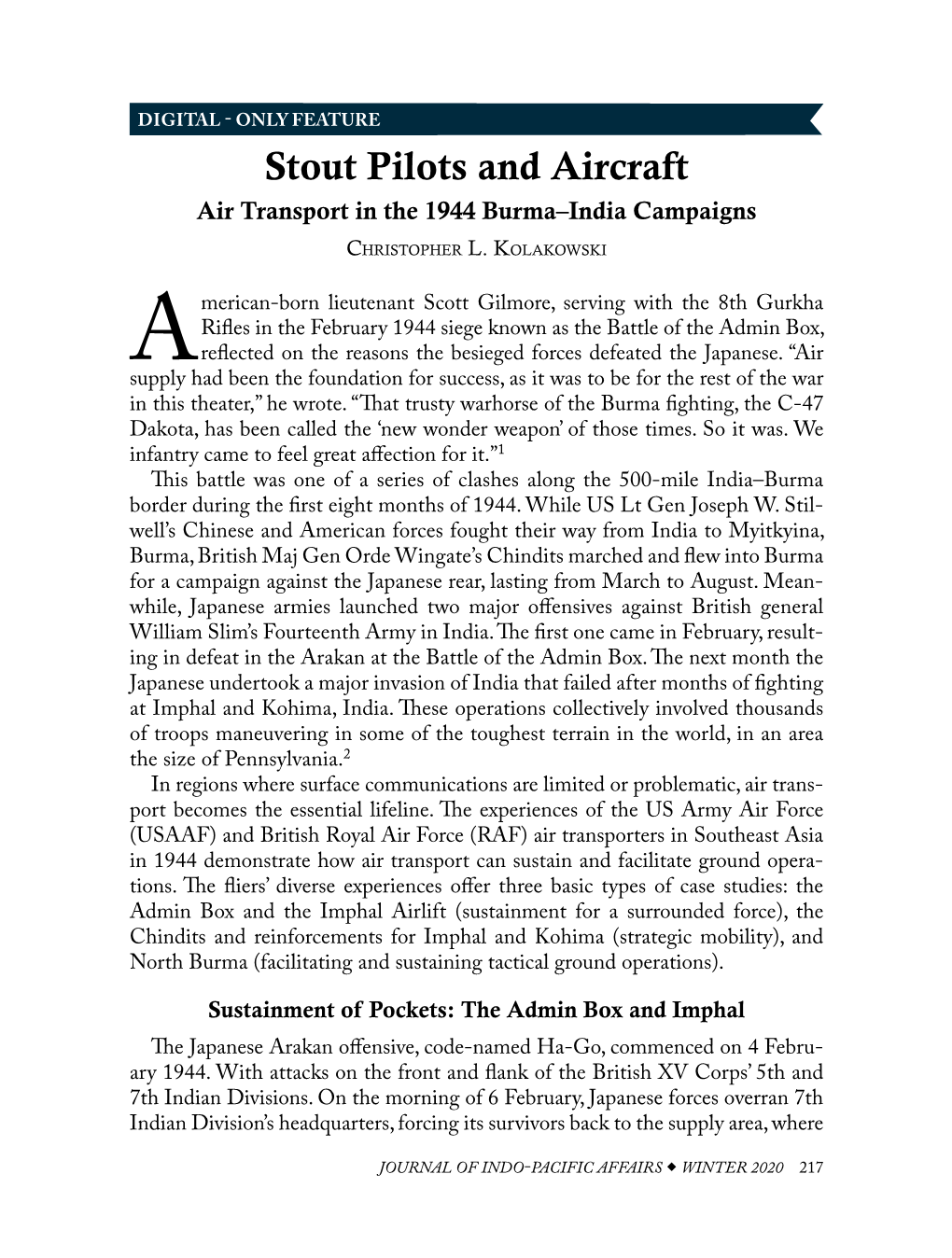 Stout Pilots and Aircraft: Air Transport in the 1944 Burma–India Campaigns