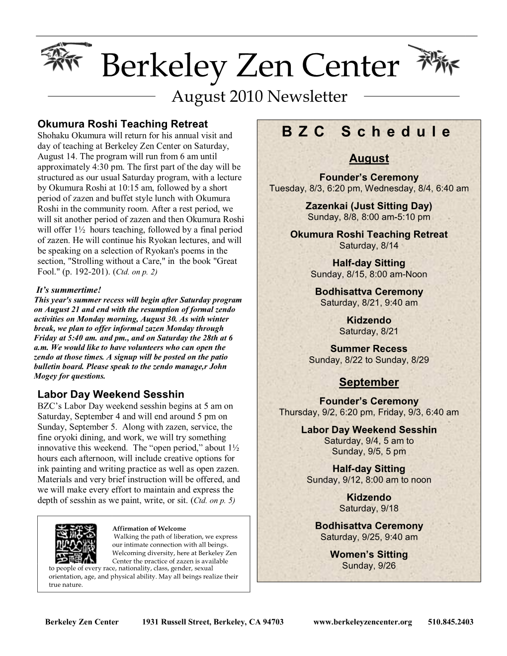 Berkeley Zen Center August 2010 Newsletter