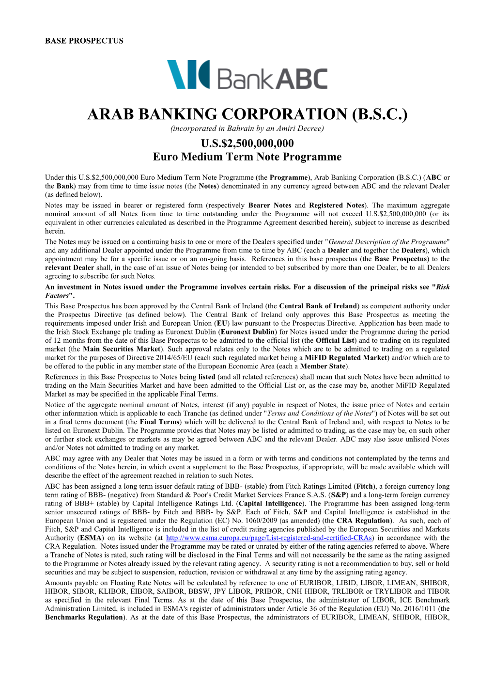 ARAB BANKING CORPORATION (B.S.C.) (Incorporated in Bahrain by an Amiri Decree) U.S.$2,500,000,000 Euro Medium Term Note Programme