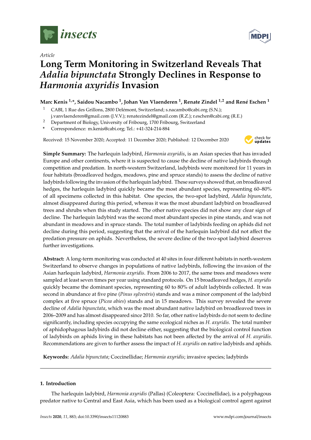 Long Term Monitoring in Switzerland Reveals That Adalia Bipunctata Strongly Declines in Response to Harmonia Axyridis Invasion