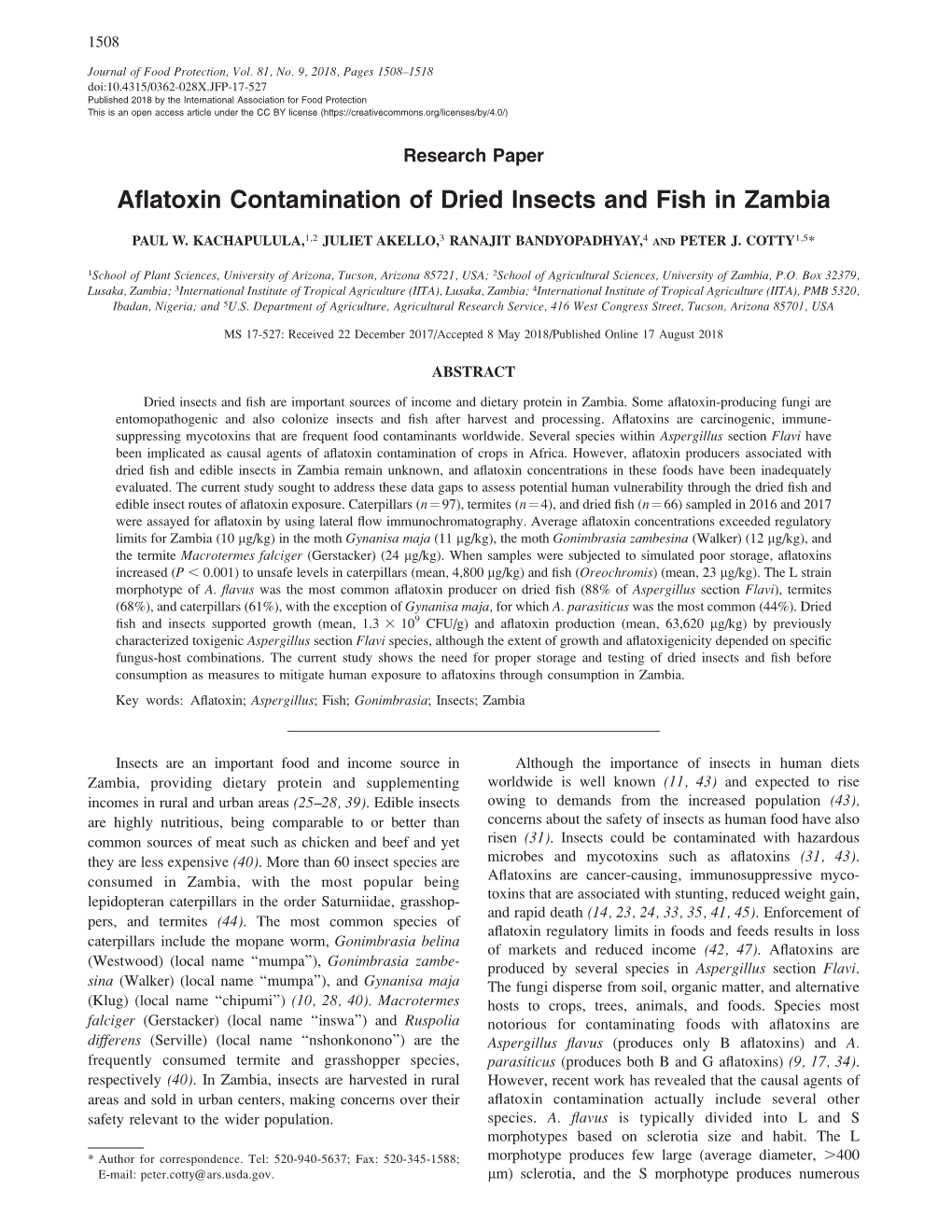 Aflatoxin Contamination of Dried Insects and Fish in Zambia