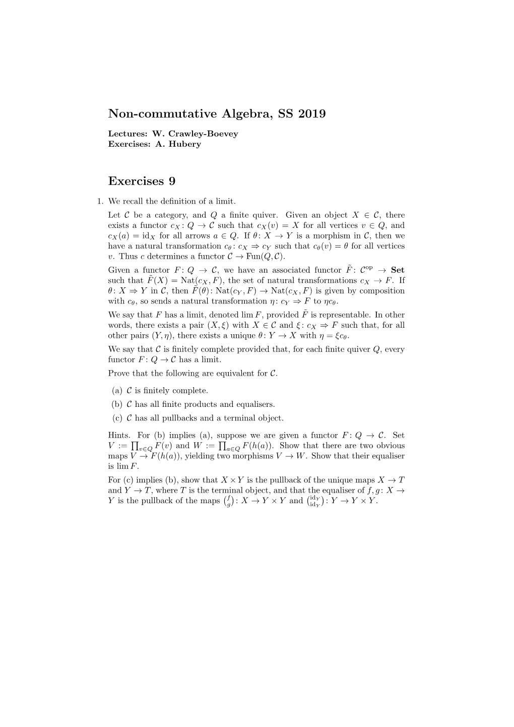 Non-Commutative Algebra, SS 2019 Exercises 9