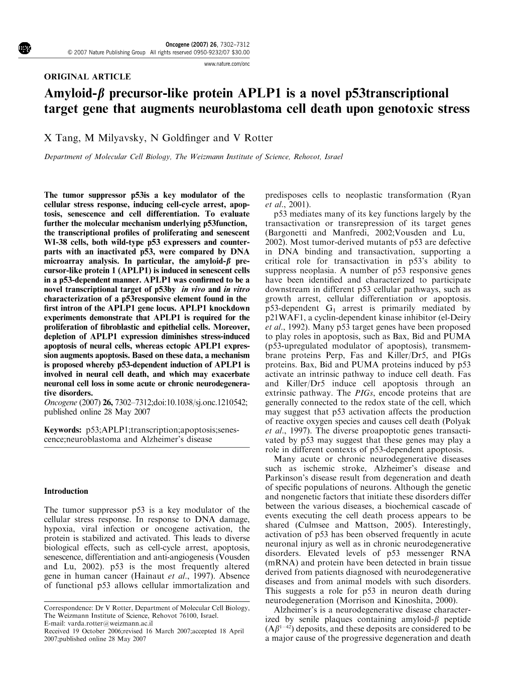 Amyloid-B Precursor-Like Protein APLP1 Is a Novel P53transcriptional Target Gene That Augments Neuroblastoma Cell Death Upon Genotoxic Stress