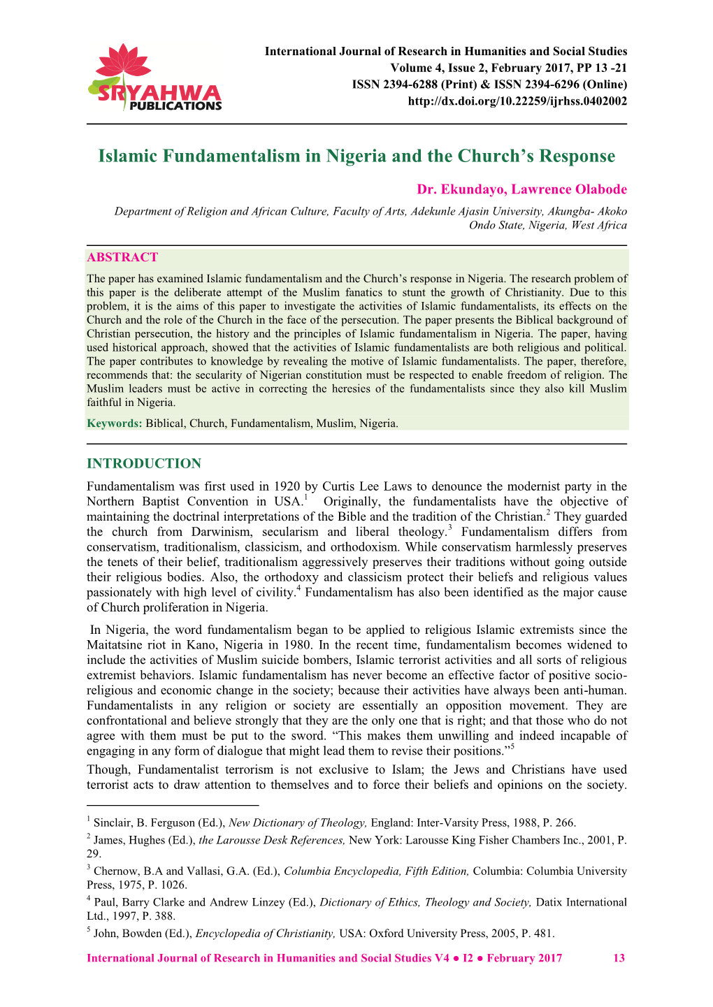 Islamic Fundamentalism in Nigeria and the Church's Response