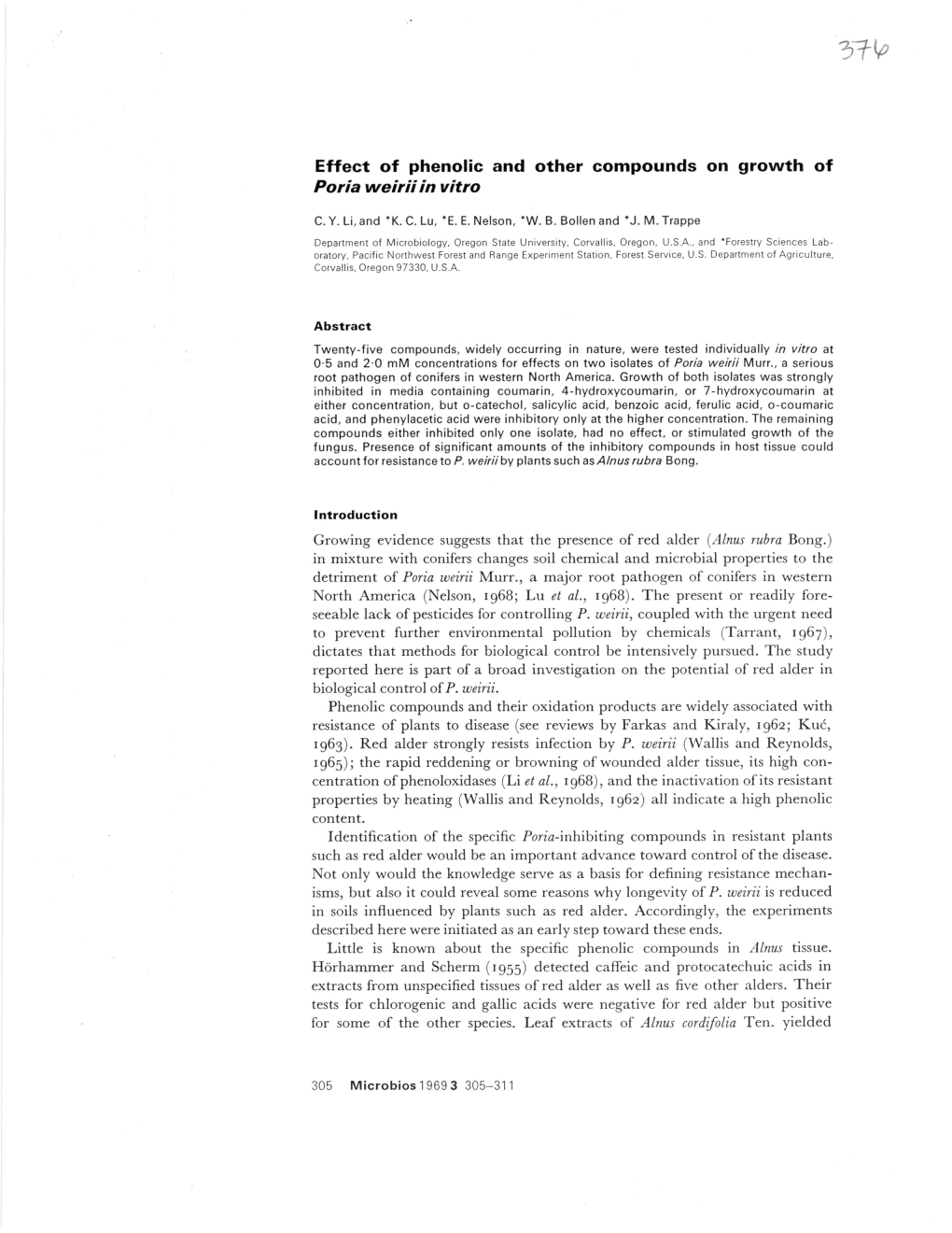 Effect of Phenolic and Other Compounds on Growth of Poria Weirii in Vitro