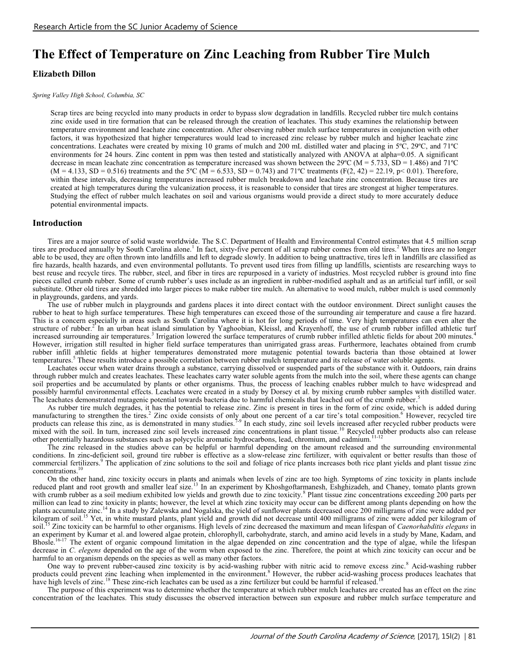 The Effect of Temperature on Zinc Leaching from Rubber Tire Mulch Elizabeth Dillon