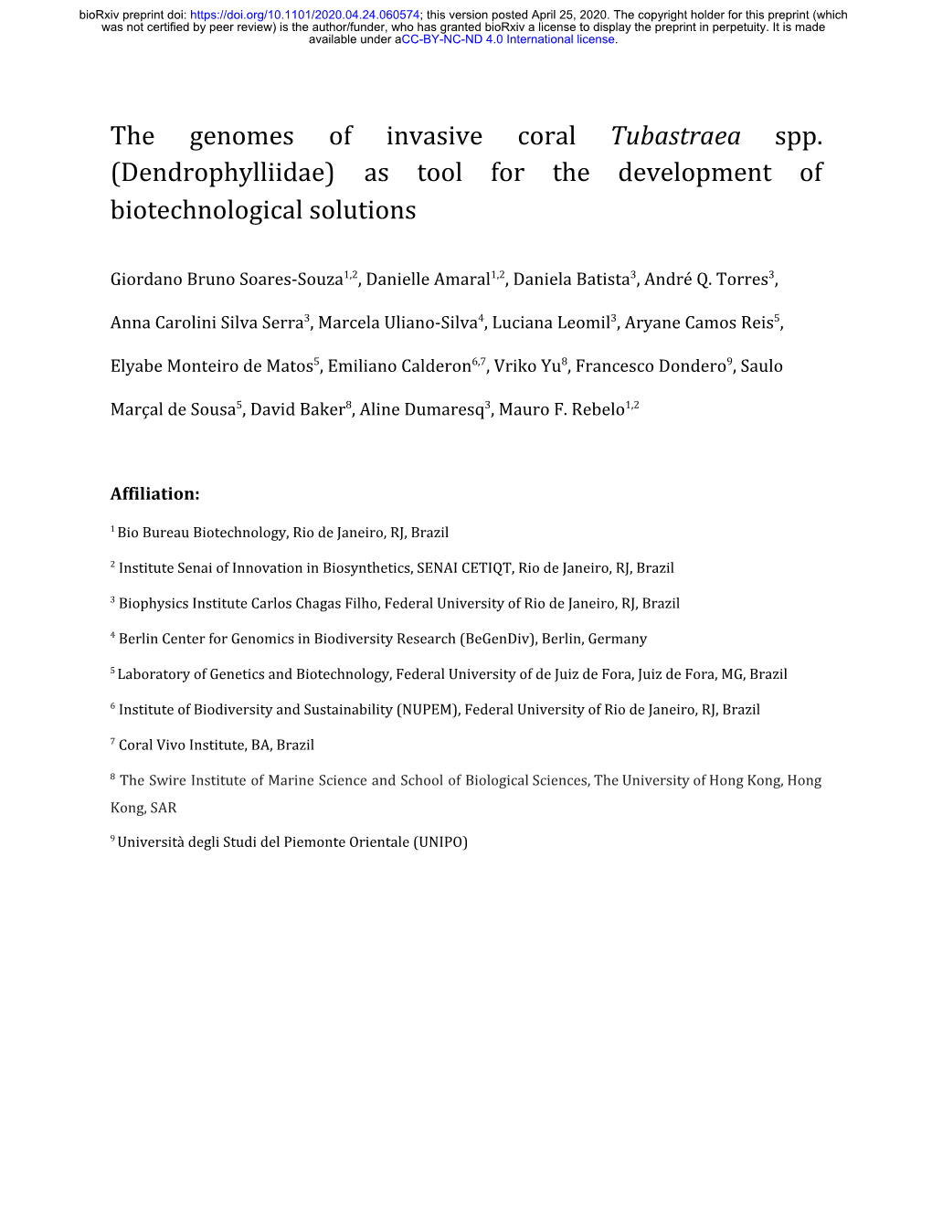 The Genomes of Invasive Coral Tubastraea Spp. ​ (Dendrophylliidae) As Tool for the Development of Biotechnological Solutions