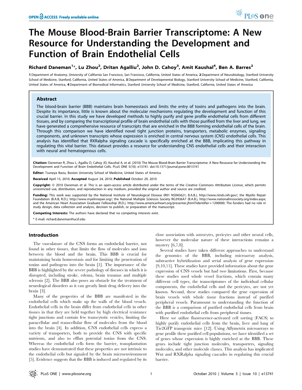 The Mouse Blood-Brain Barrier Transcriptome: a New Resource for Understanding the Development and Function of Brain Endothelial Cells