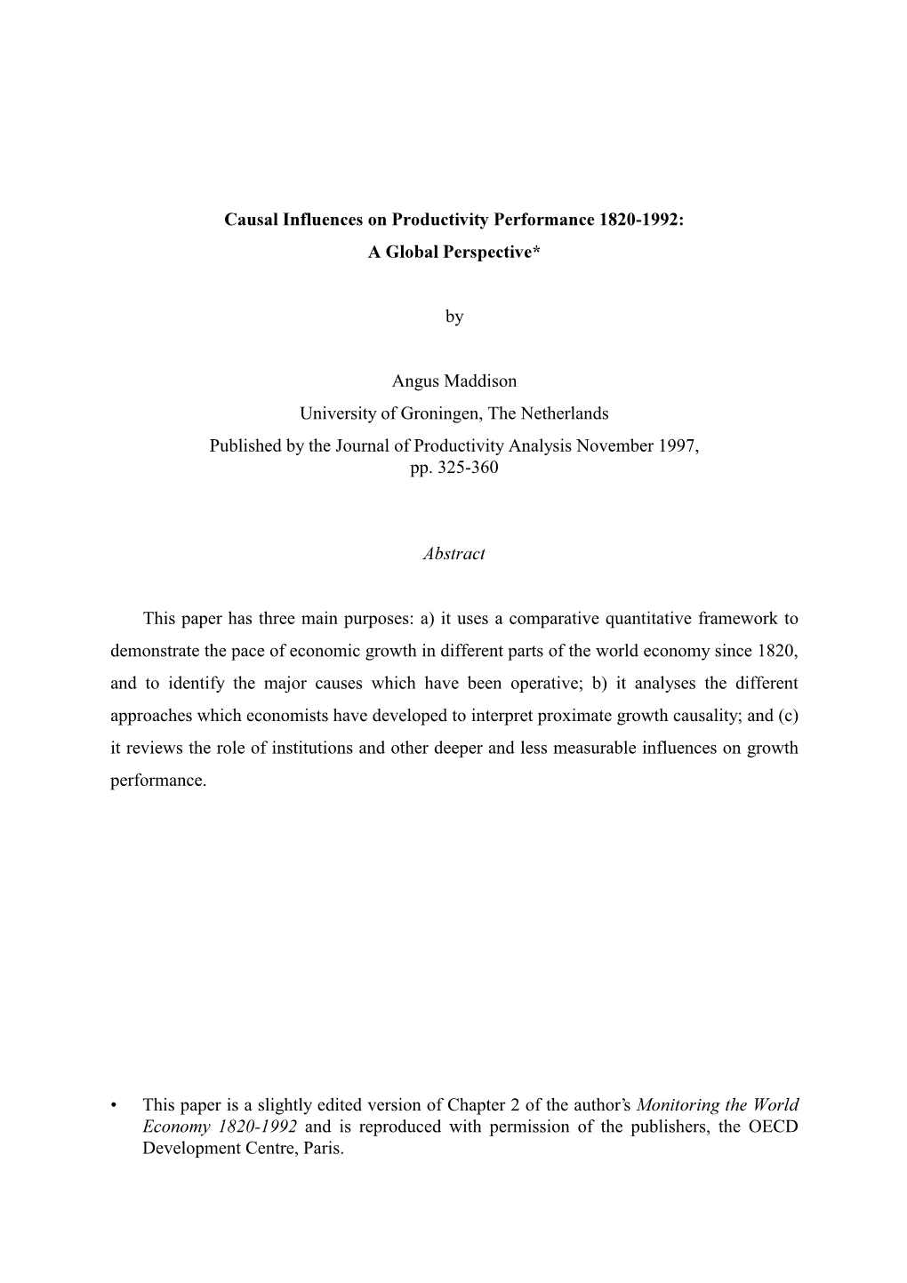 Causal Influences on Productivity Performance 1820 1992: a Global