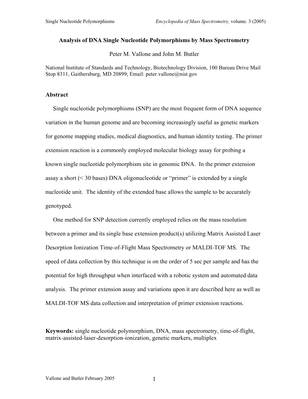 1 Analysis of DNA Single Nucleotide Polymorphisms by Mass