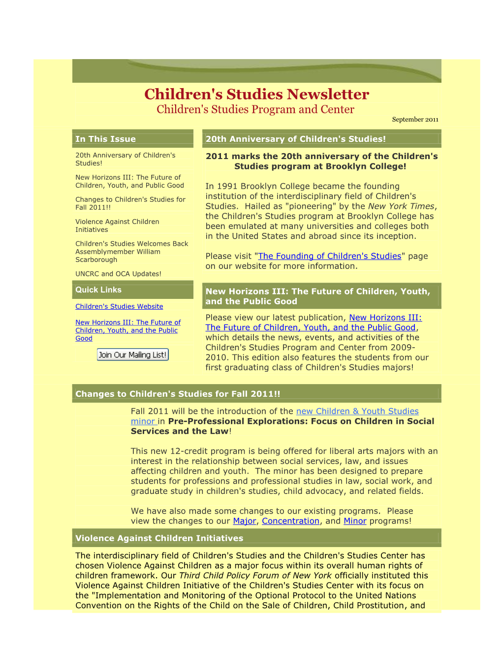 Children's Studies Newsletter Children's Studies Program and Center September 2011