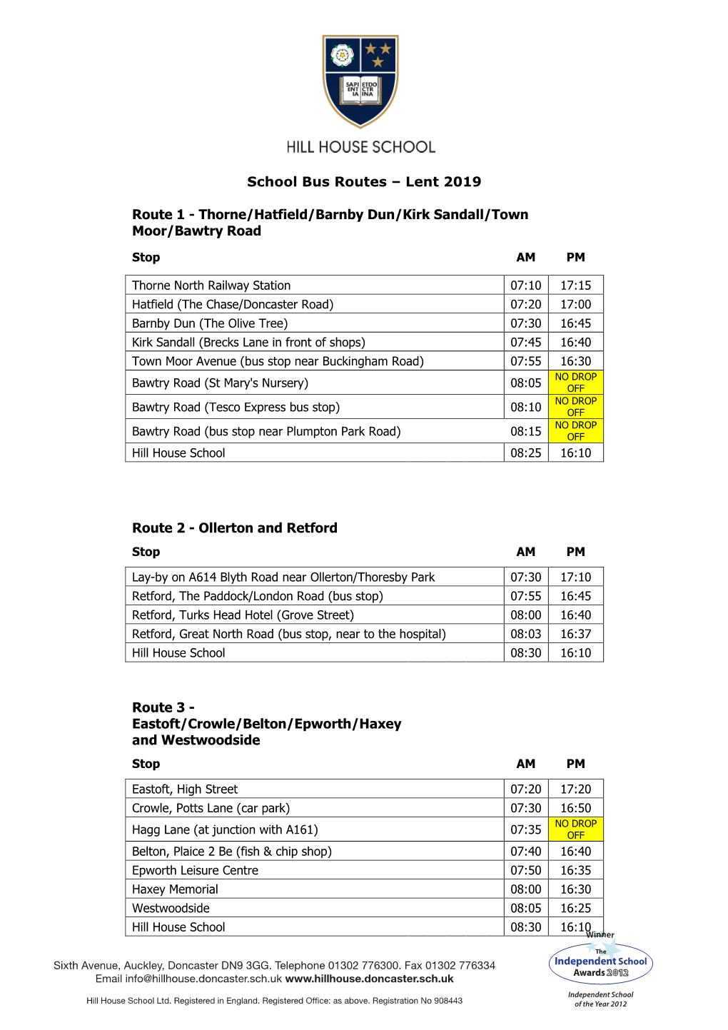 School Bus Routes – Lent 2019