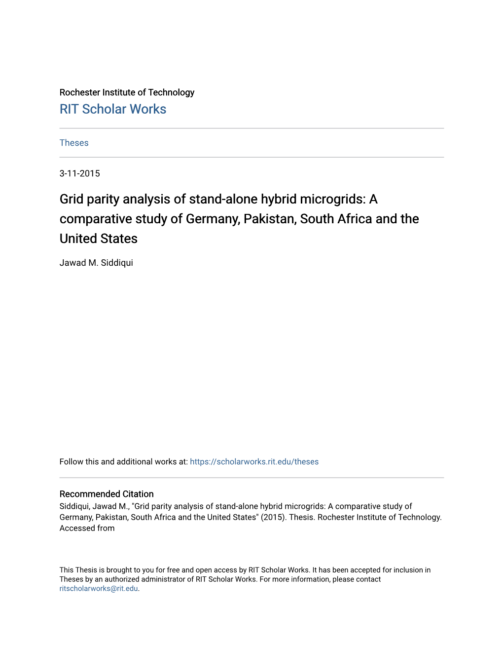 Grid Parity Analysis of Stand-Alone Hybrid Microgrids: a Comparative Study of Germany, Pakistan, South Africa and the United States