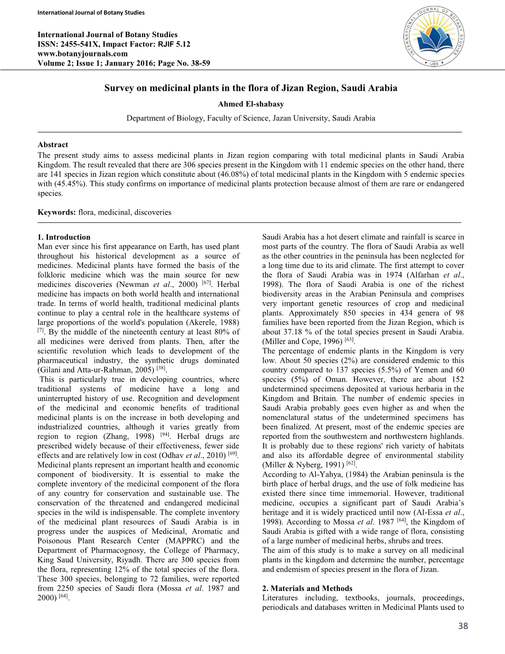 38 Survey on Medicinal Plants in the Flora of Jizan Region, Saudi Arabia