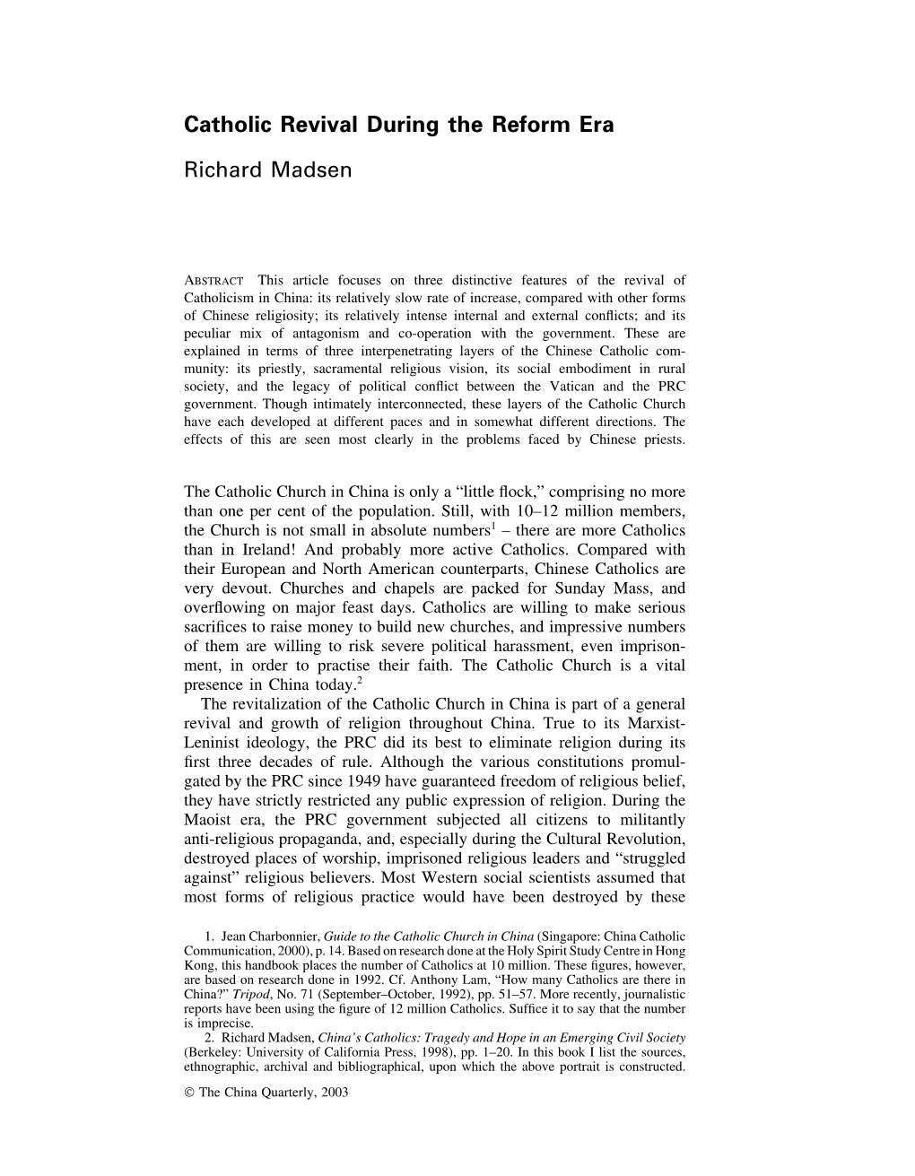 Catholic Revival During the Reform Era Richard Madsen