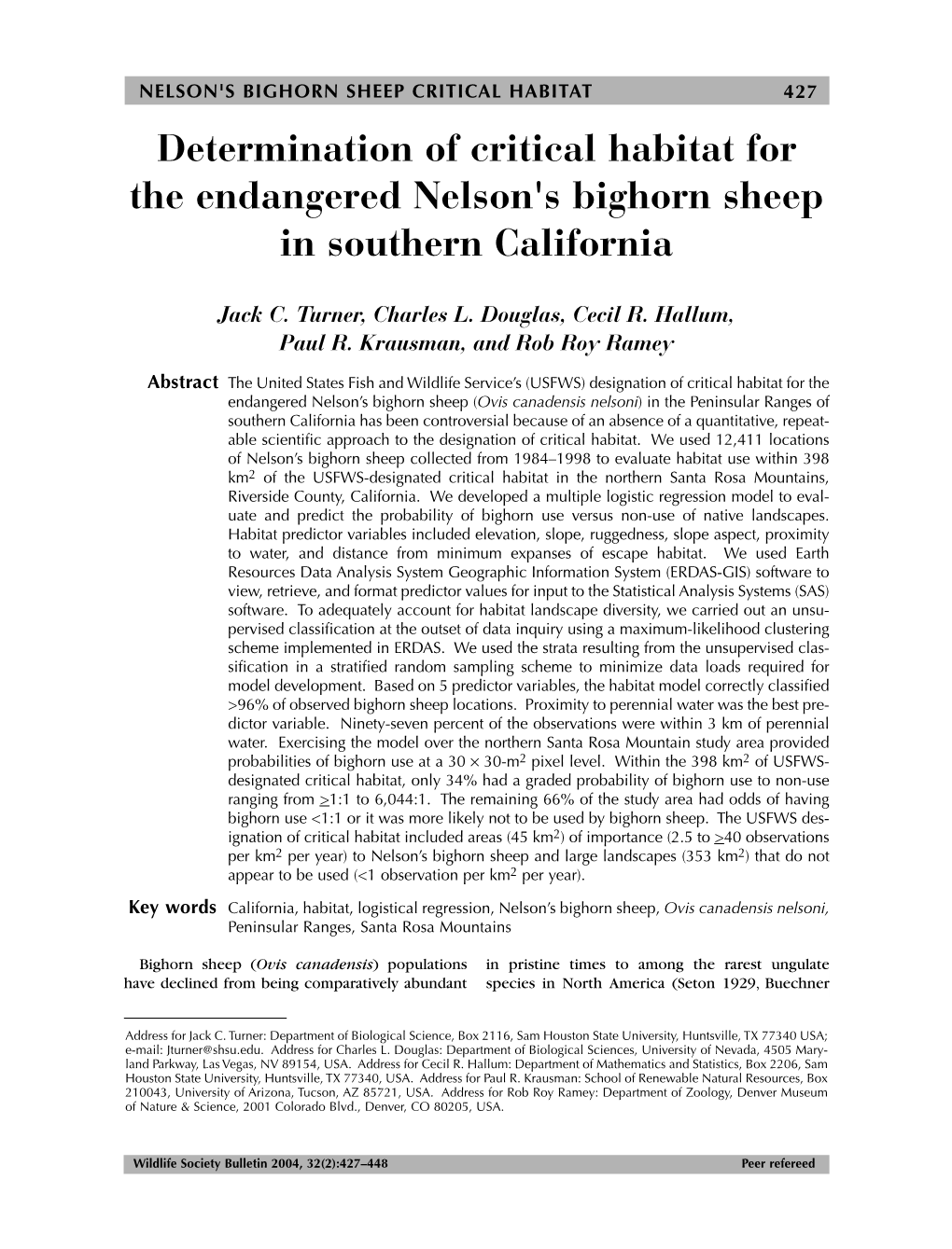 Determination of Critical Habitat for the Endangered Nelson's Bighorn Sheep in Southern California