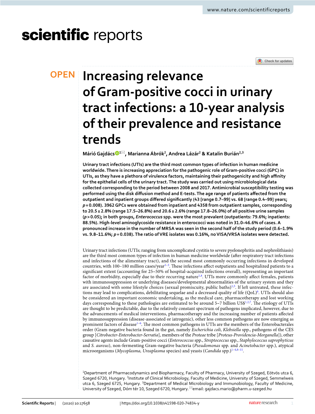 Increasing Relevance of Gram-Positive Cocci in Urinary Tract