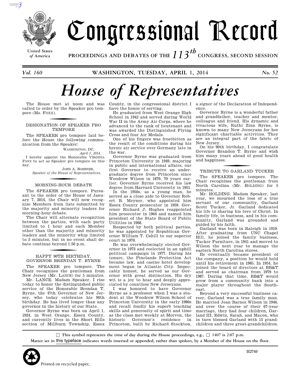 Congressional Record United States Th of America PROCEEDINGS and DEBATES of the 113 CONGRESS, SECOND SESSION