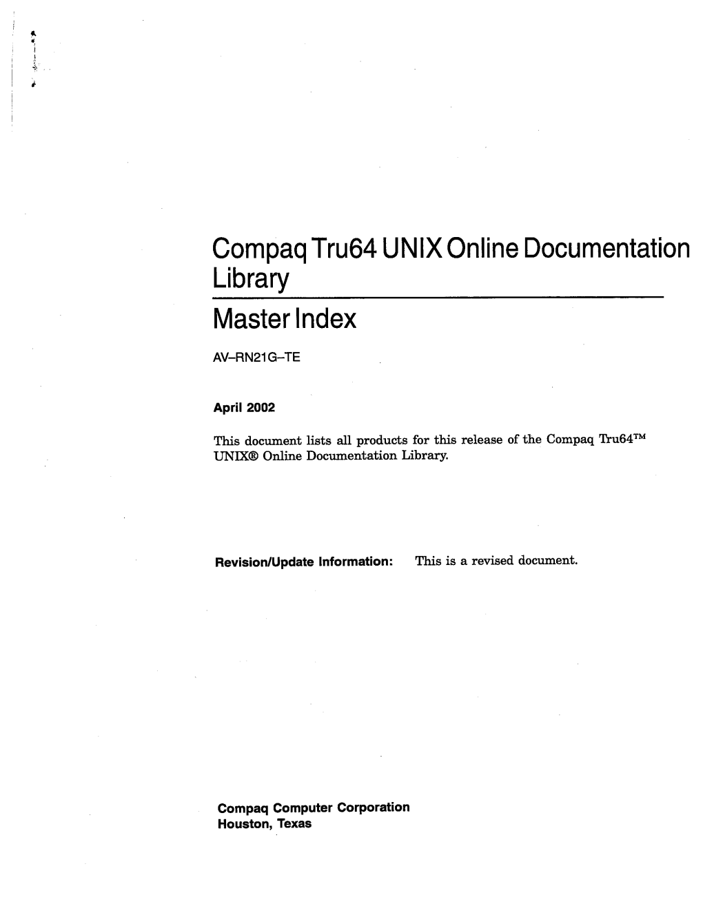 Compaq Tru64 UNIX Online Documentation Library Master Index