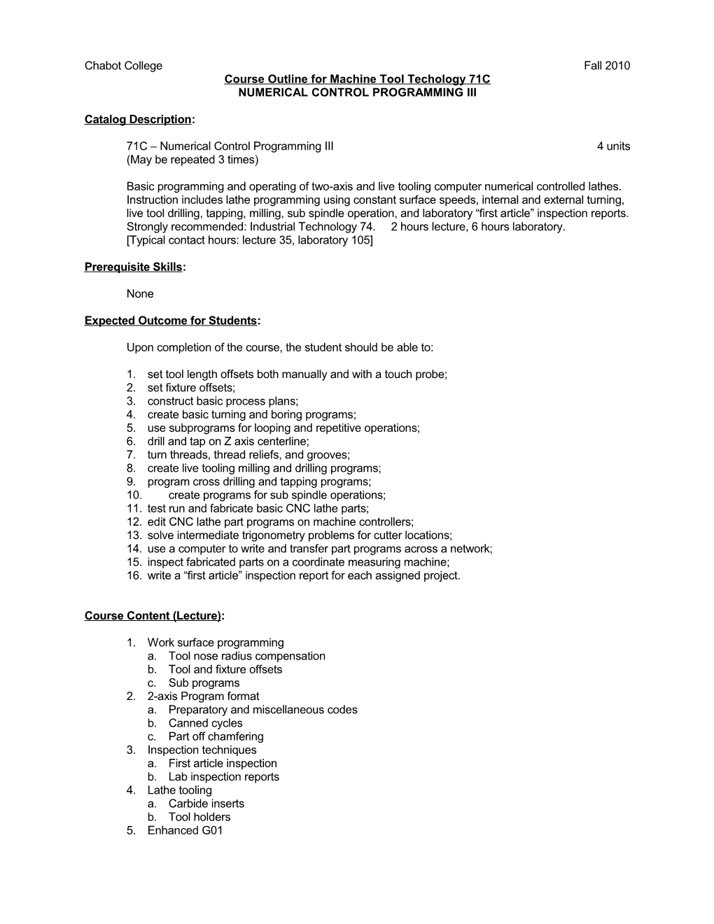 Course Outline for Machine Tool Technology 71C - Page 3