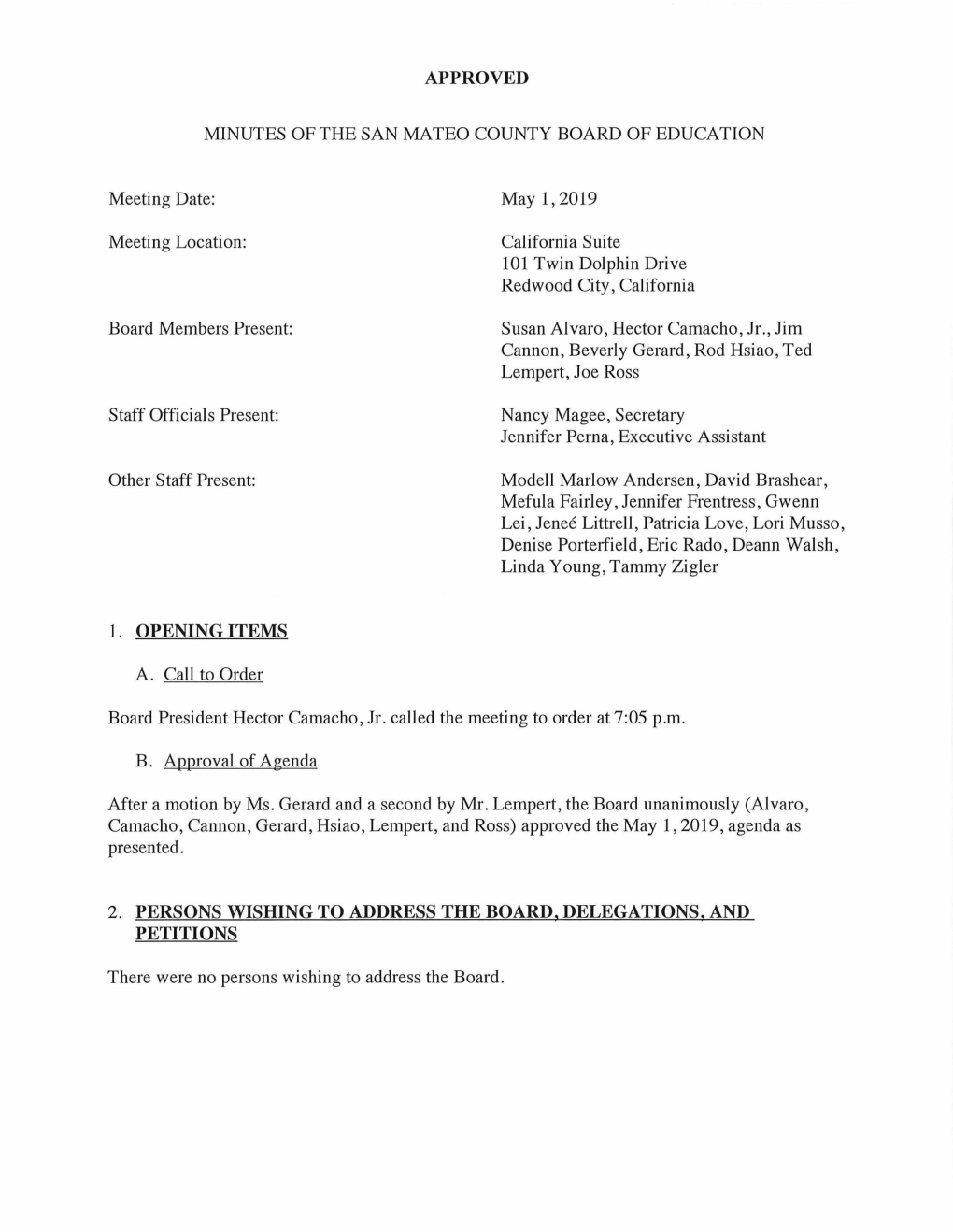 San Mateo County Board of Education May 1, 2019 Approved Minutes