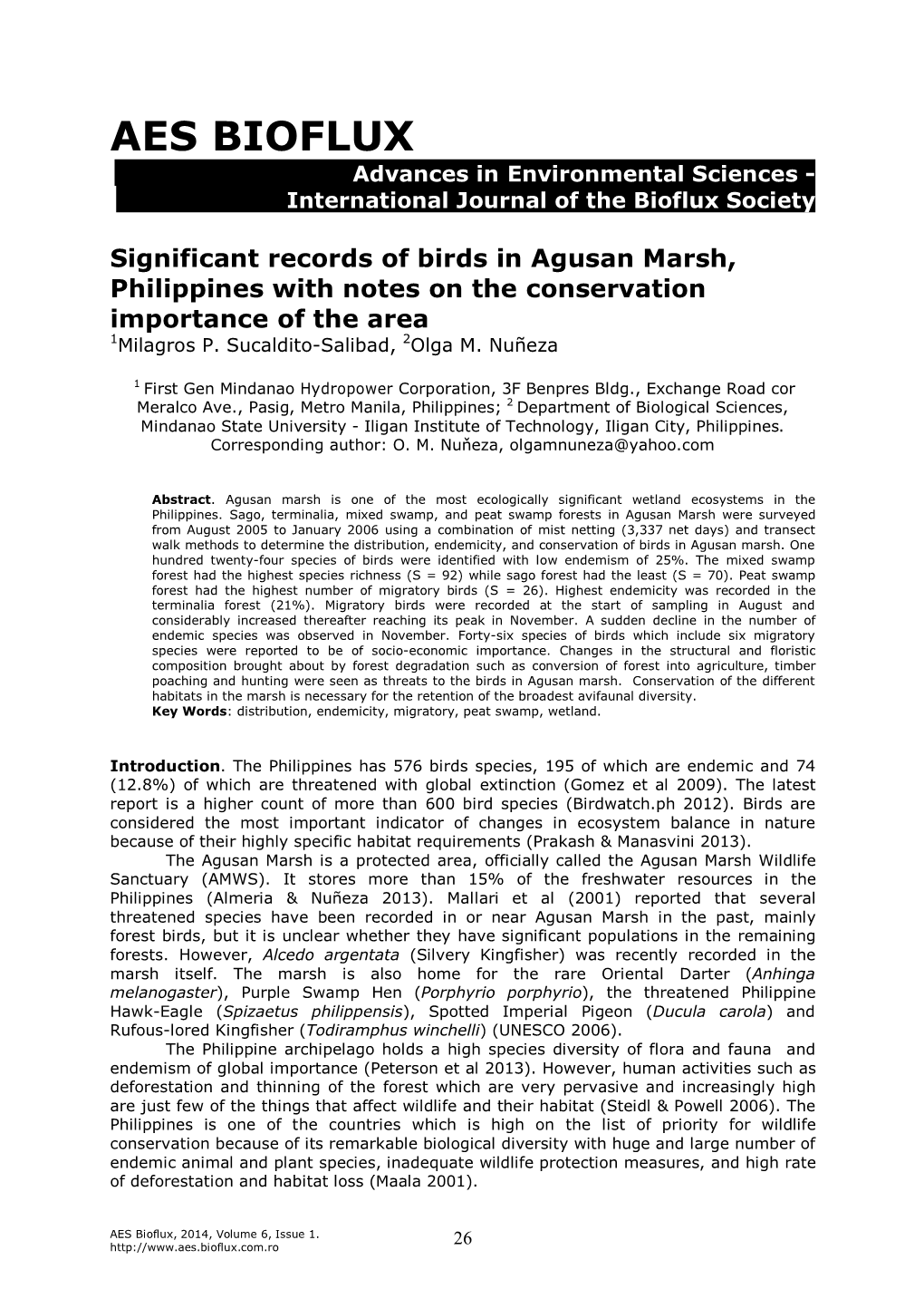 Significant Records of Birds in Agusan Marsh, Philippines with Notes on the Conservation Importance of the Area 1Milagros P