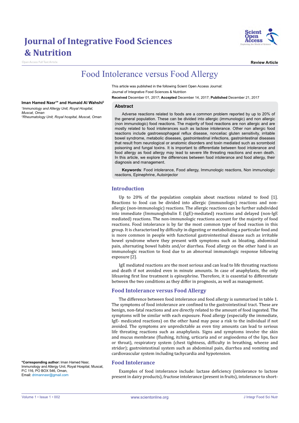Food Intolerance Versus Food Allergy