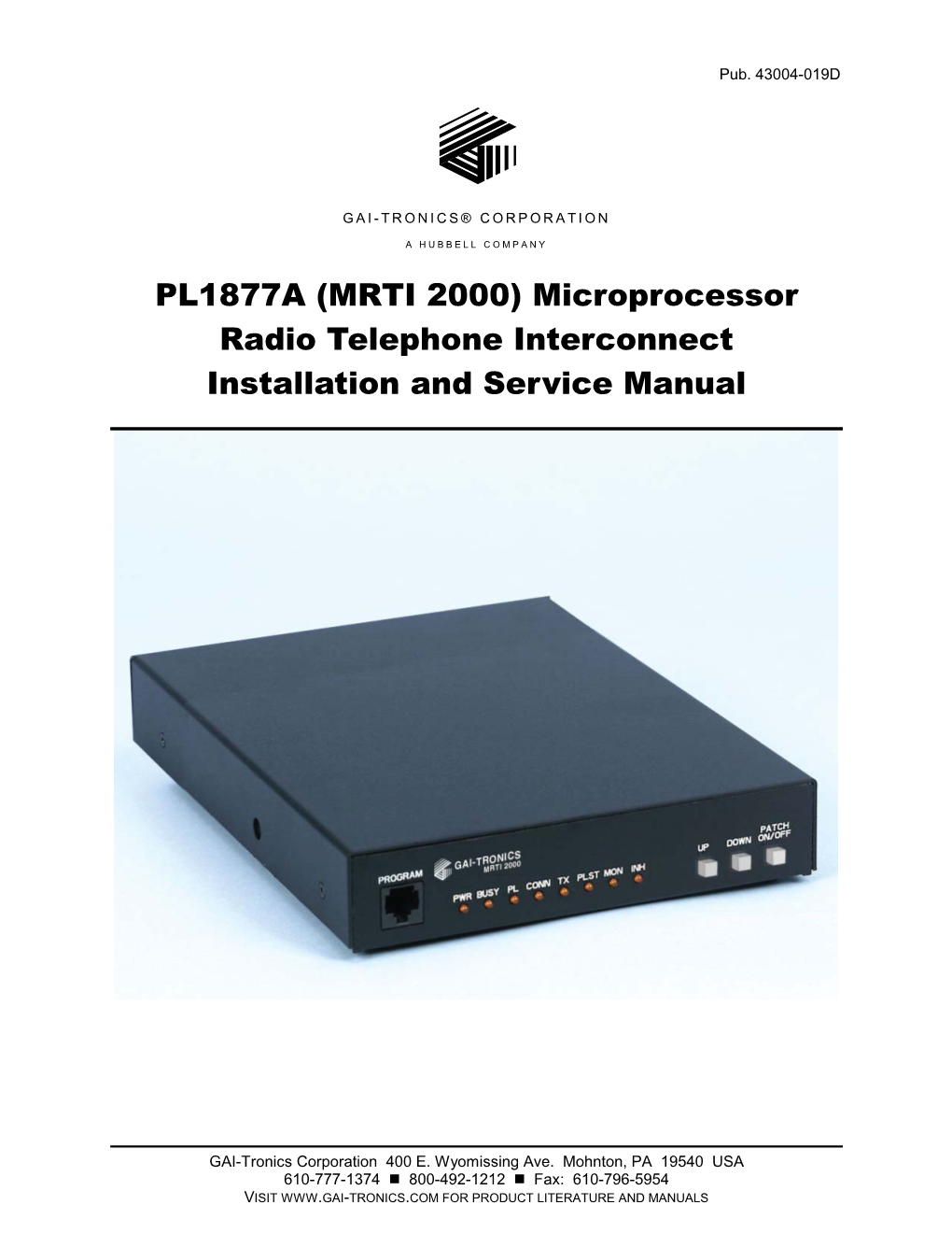 PL1877A (MRTI 2000) Microprocessor Radio Telephone Interconnect Installation & Service Manual