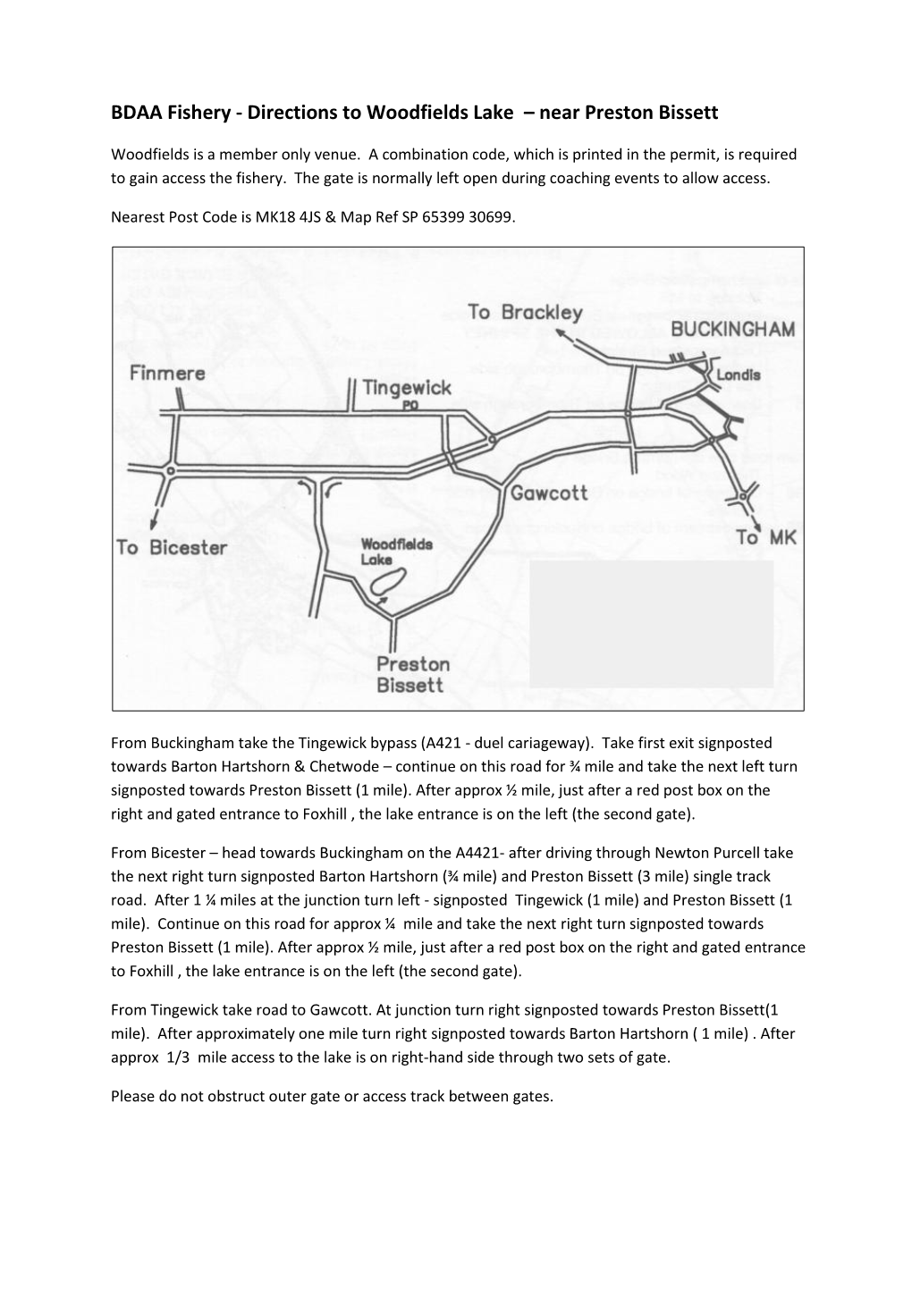 BDAA Fishery - Directions to Woodfields Lake – Near Preston Bissett