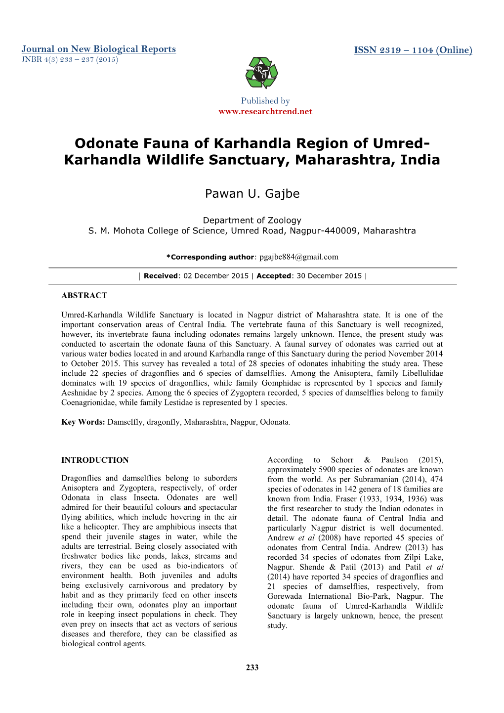 Odonate Fauna of Karhandla Region of Umred- Karhandla Wildlife Sanctuary, Maharashtra, India